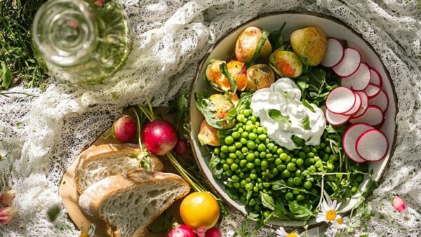 geokkon_A_lacy_picnic_blanket_spread_with_food_surrounded_by_br.v02